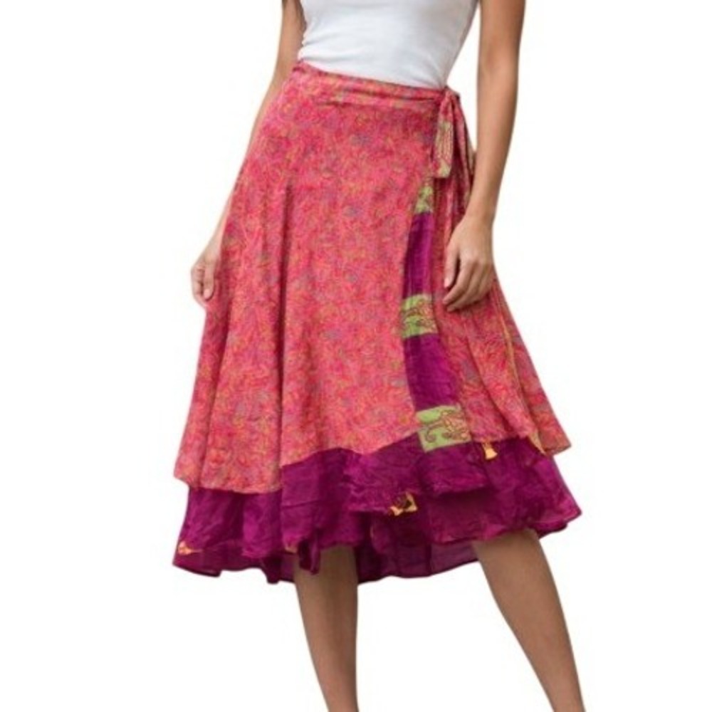 Kariza Silk Reversible Sari Wrap Around Skirt Layer Boho Fairy Red Pink One Size